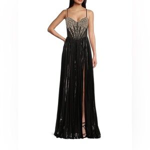 NWT $579 MSRP Jovani Black Shimmering Gown w/ Beaded Mesh Bodice & Crystals